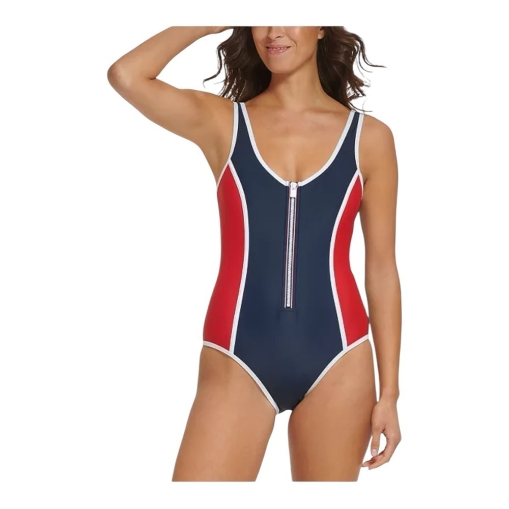 Tommy Hilfiger Iconic Colorblocked Zip-Front One-Piece NWT